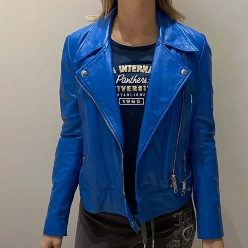 Diesel turquoise blue leather motorcycle biker jacket
